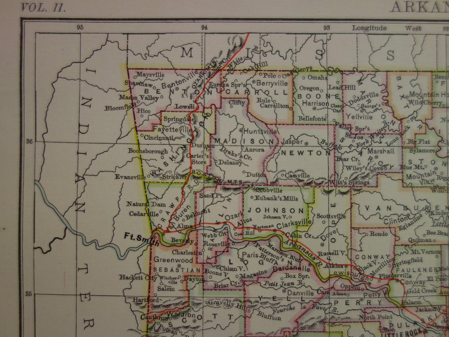 ARKANSAS Antieke landkaart van de staat Arkansas 1875 originele oude kaart Little Rock Fayetteville Fort Smith Hot Springs Colchester VS te koop Verenigde Staten
