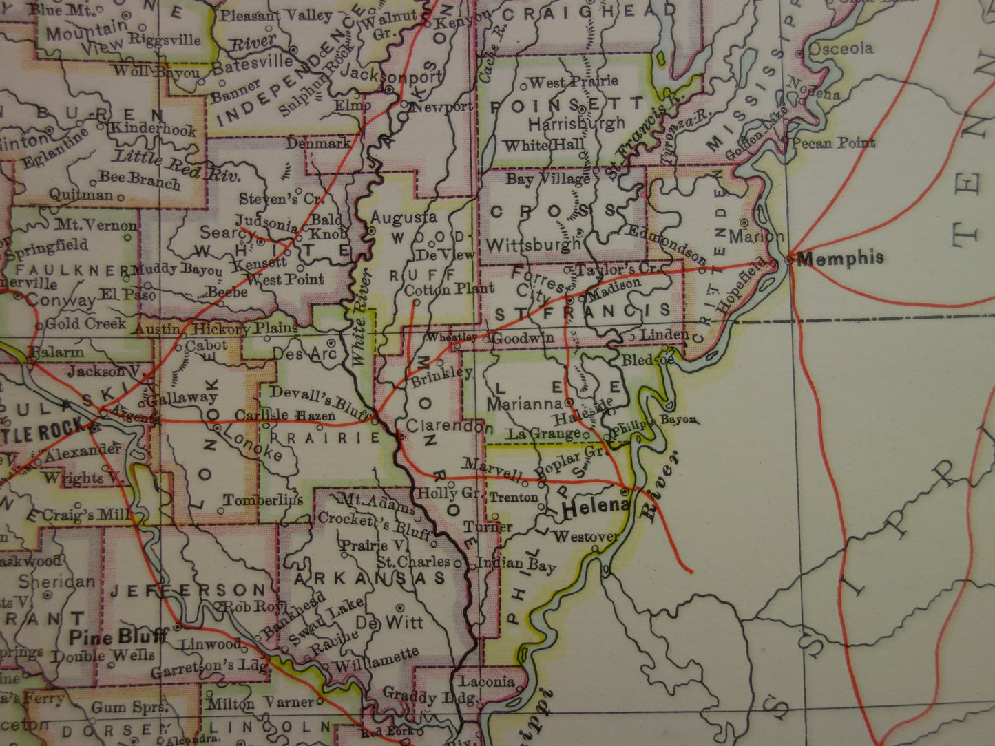 ARKANSAS Antieke landkaart van de staat Arkansas 1875 originele oude kaart Little Rock Fayetteville Fort Smith Hot Springs Colchester VS te koop Verenigde Staten