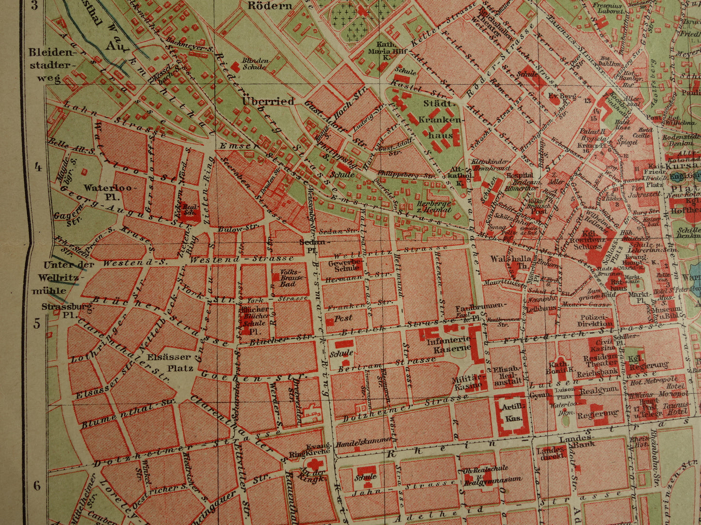 WIESBADEN oude kaart van Wiesbaden Duitsland in 1907 originele antieke Duitse plattegrond