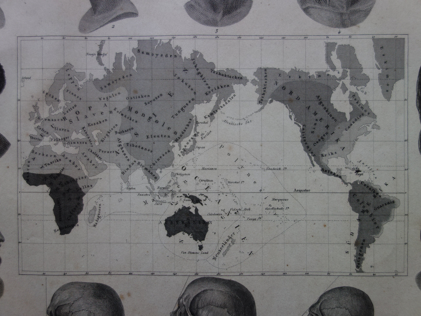 Vintage WORLD MAP old map of the World from 1849 Antique print Anthropology Human Races