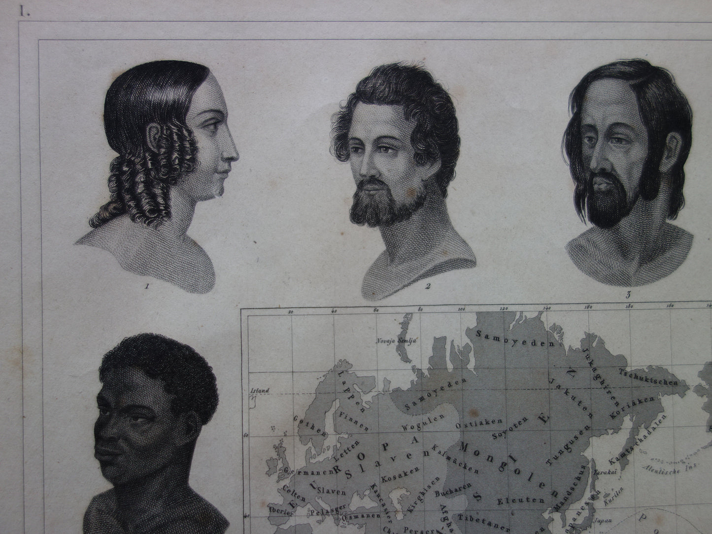 Vintage WORLD MAP old map of the World from 1849 Antique print Anthropology Human Races