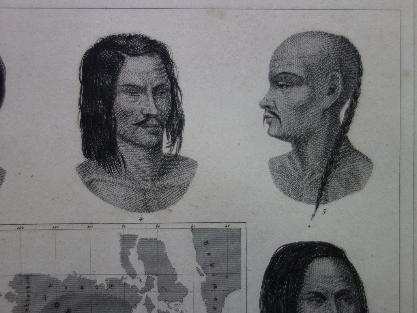 Vintage WORLD MAP old map of the World from 1849 Antique print Anthropology Human Races