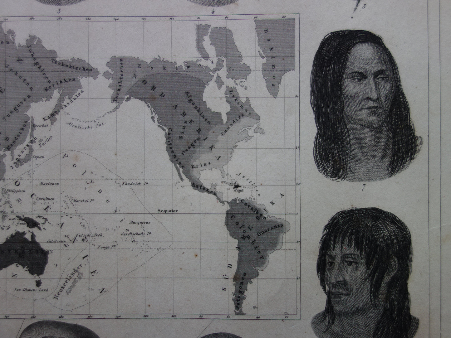 Vintage WORLD MAP old map of the World from 1849 Antique print Anthropology Human Races