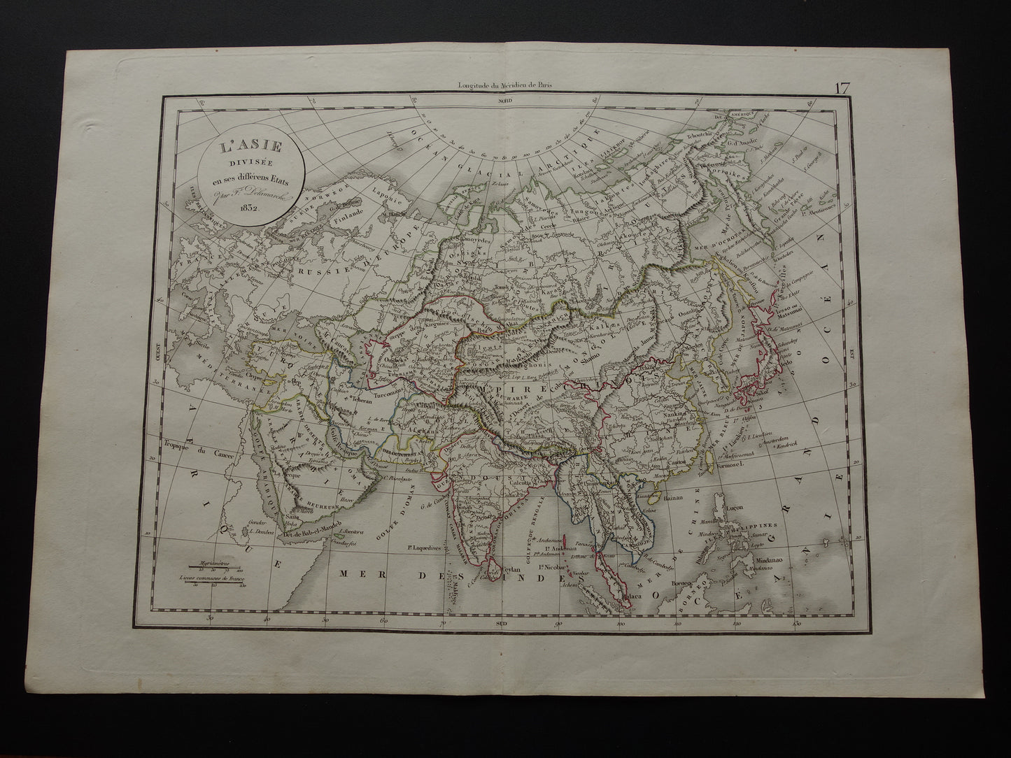 Oude kaart van Azië in het jaar 1832 originele antieke handgekleurde landkaart met jaartal