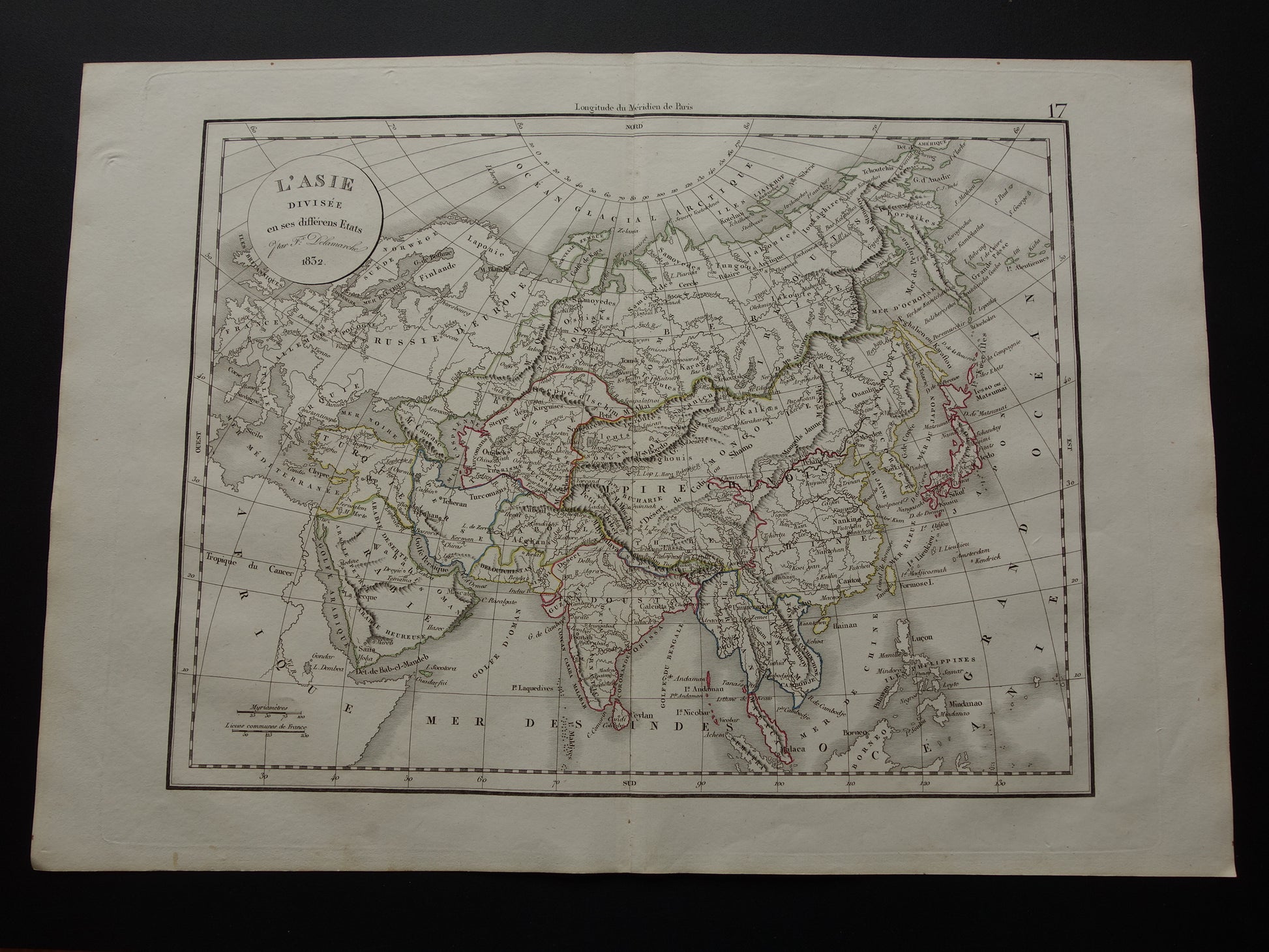Oude kaart van Azië in het jaar 1832 originele antieke handgekleurde landkaart met jaartal