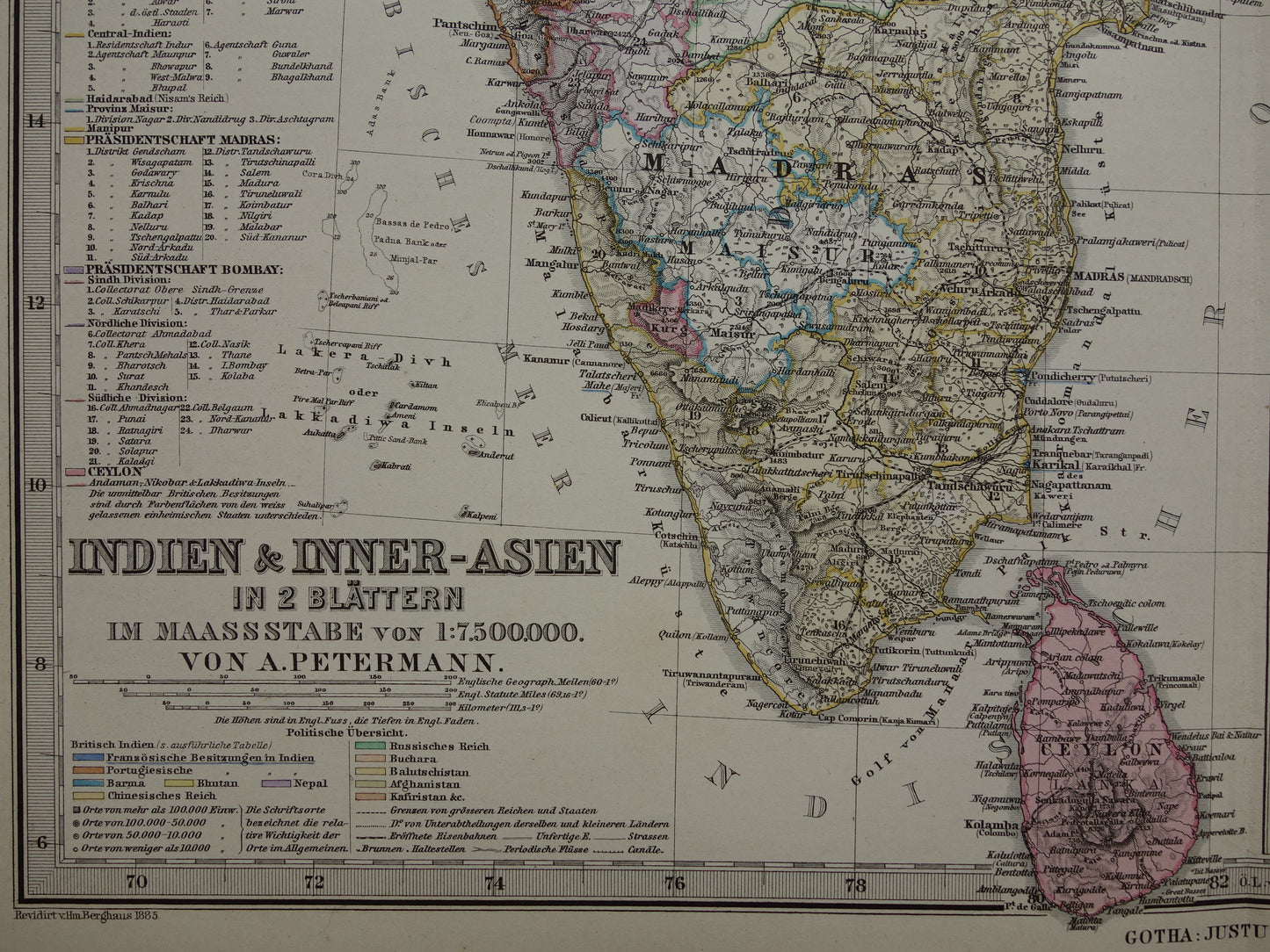 Alte Karte von Indien aus dem Jahr 1885, handkoloriert, sehr detaillierte antike Karte