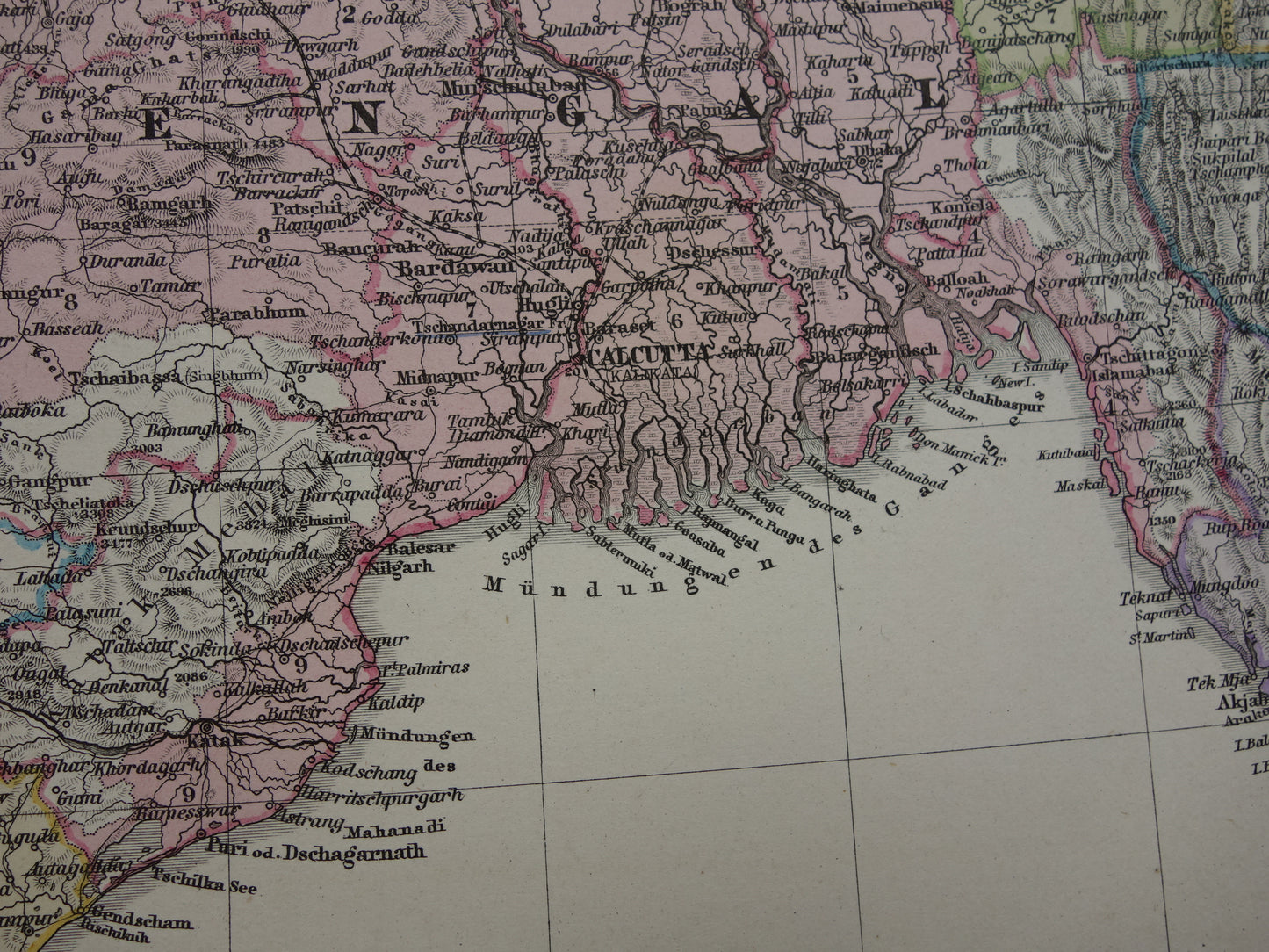 Alte Karte von Indien aus dem Jahr 1885, handkoloriert, sehr detaillierte antike Karte