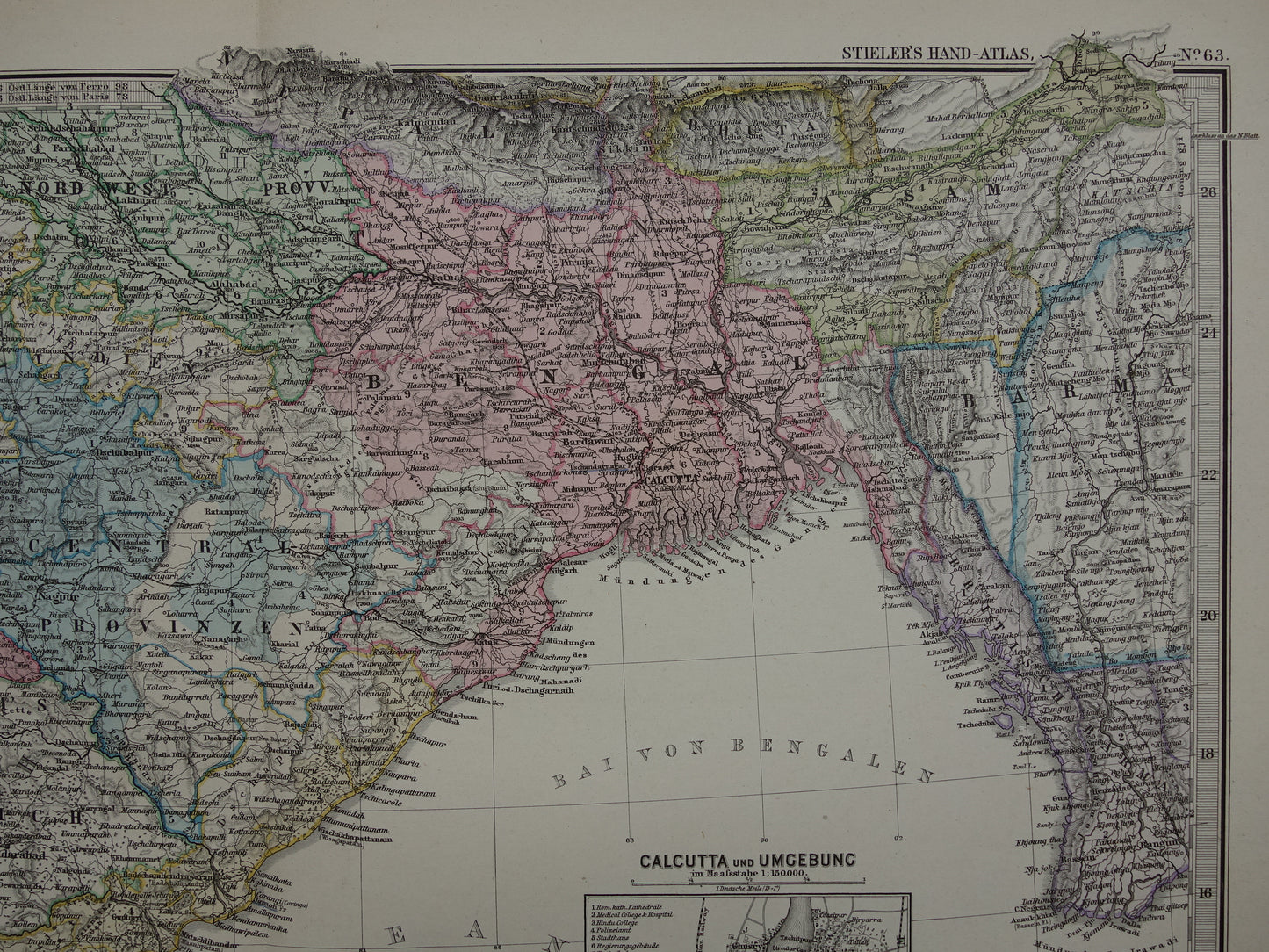 Alte Karte von Indien aus dem Jahr 1885, handkoloriert, sehr detaillierte antike Karte