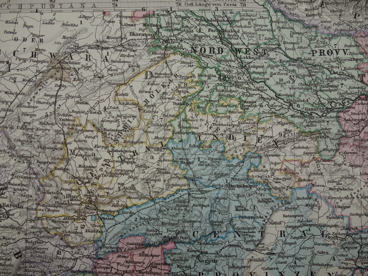 Alte Karte von Indien aus dem Jahr 1885, handkoloriert, sehr detaillierte antike Karte