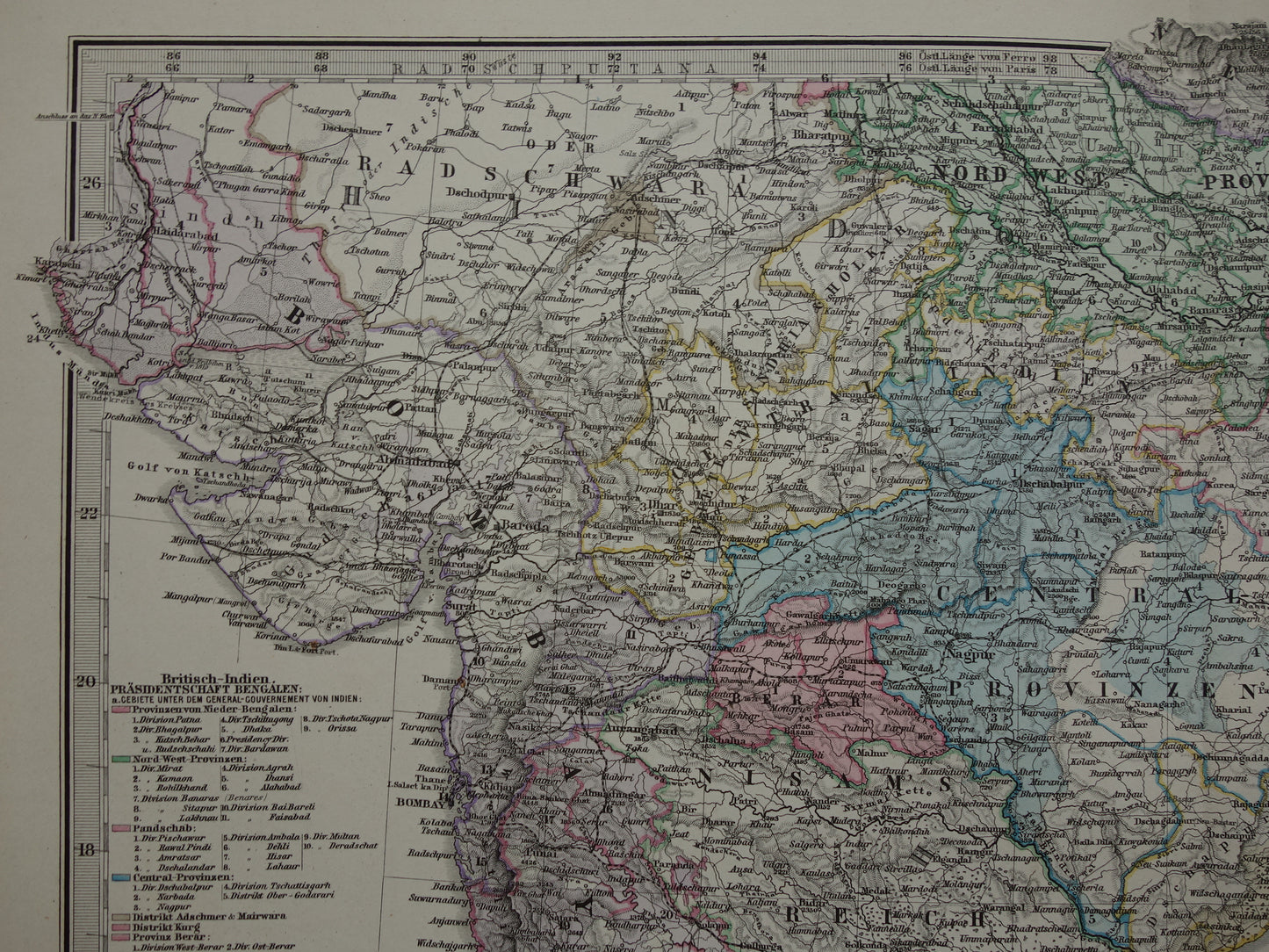 Alte Karte von Indien aus dem Jahr 1885, handkoloriert, sehr detaillierte antike Karte