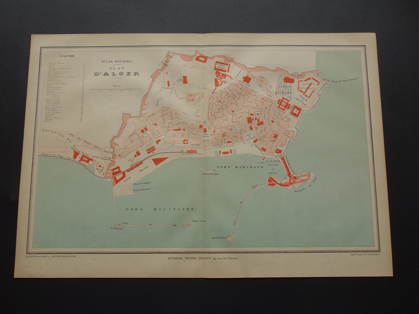 ALGIERS oude kaart van Algiers uit 1879 originele antieke Franse plattegrond Algerije