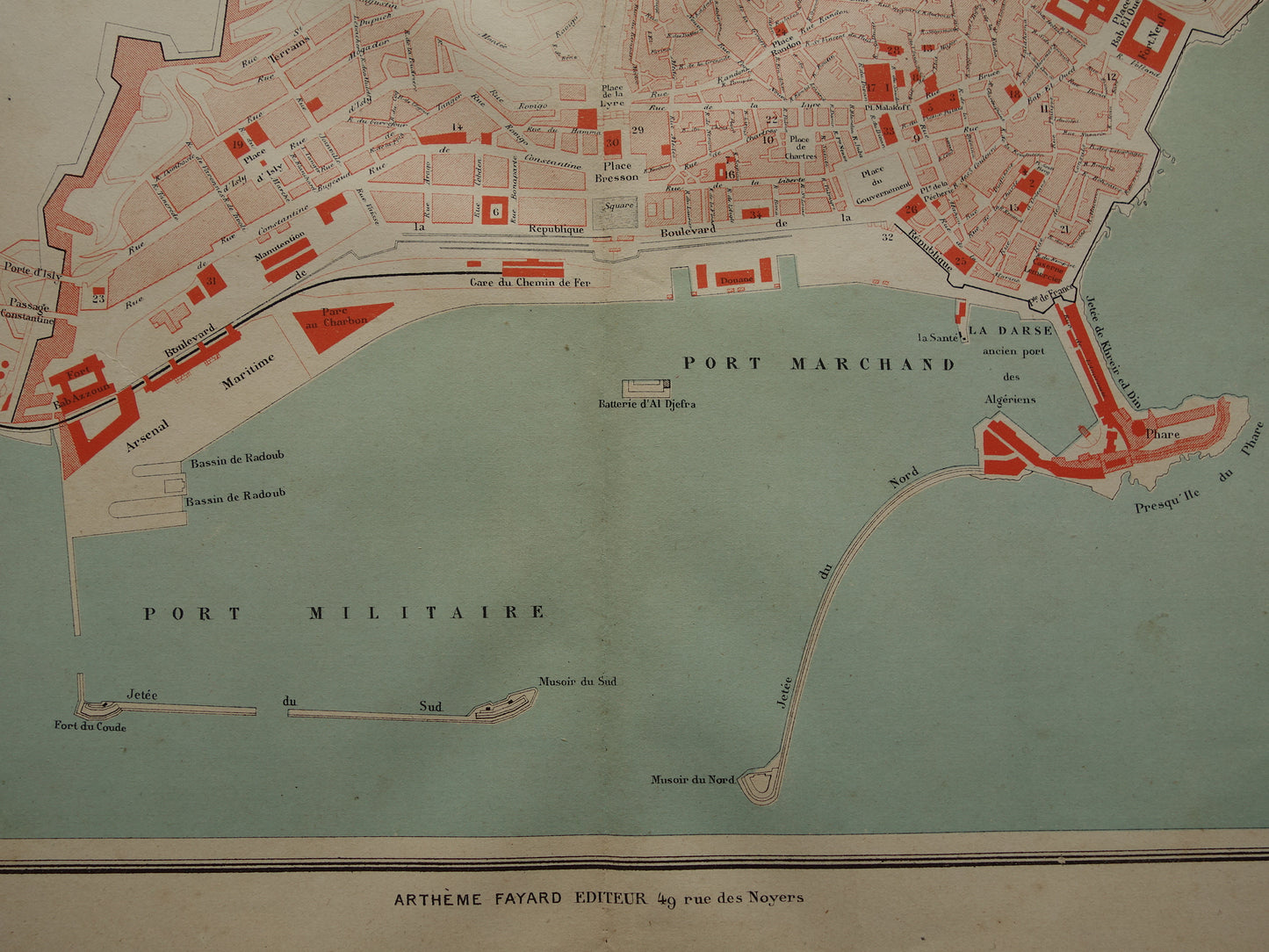 ALGIERS oude kaart van Algiers uit 1879 originele antieke Franse plattegrond Algerije