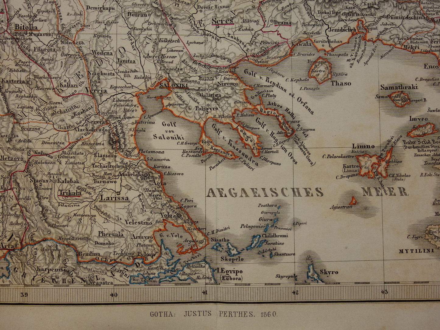 Serbia Bulgaria old map of the Balkans 1860 original antique map/poster Turkish Empire in Europe