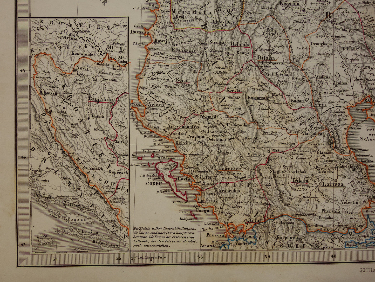 Serbia Bulgaria old map of the Balkans 1860 original antique map/poster Turkish Empire in Europe