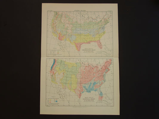 VERENIGDE STATEN Oude regen- en temperatuur kaart van de VS uit 1888 originele antieke klimaatkaart over neerslag - vintage meteorologie print poster van Amerika