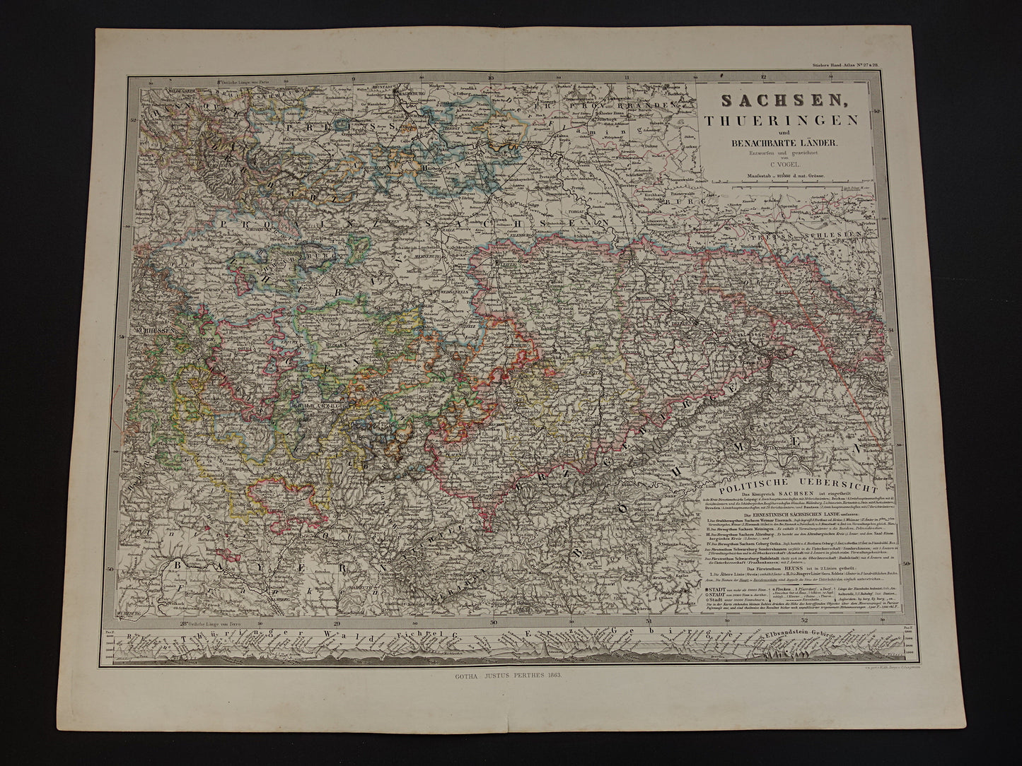 DUITSLAND Oude kaart van vrijstaat Thüringen en Saksen 1863 originele grote antieke landkaart