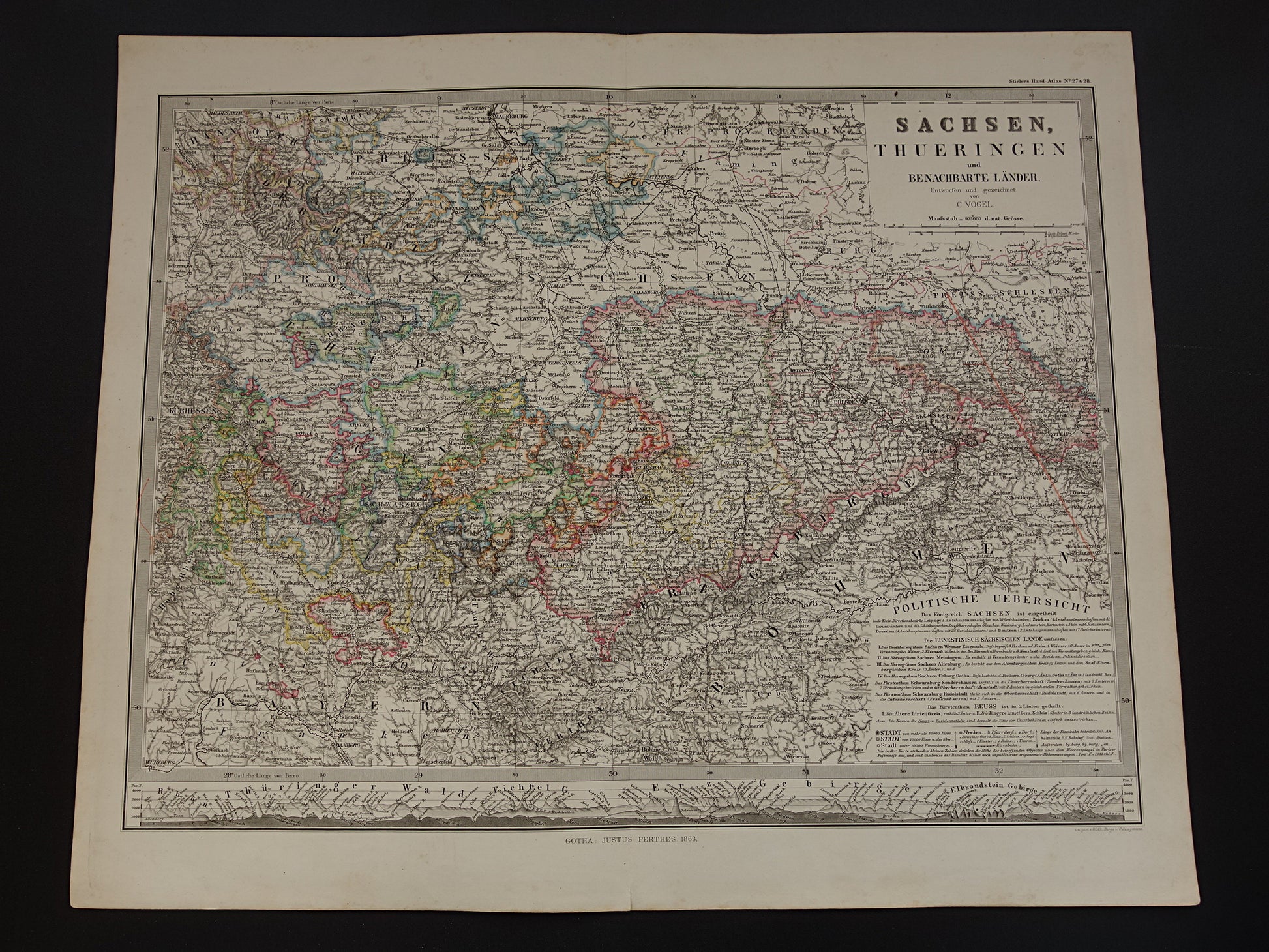 DUITSLAND Oude kaart van vrijstaat Thüringen en Saksen 1863 originele grote antieke landkaart