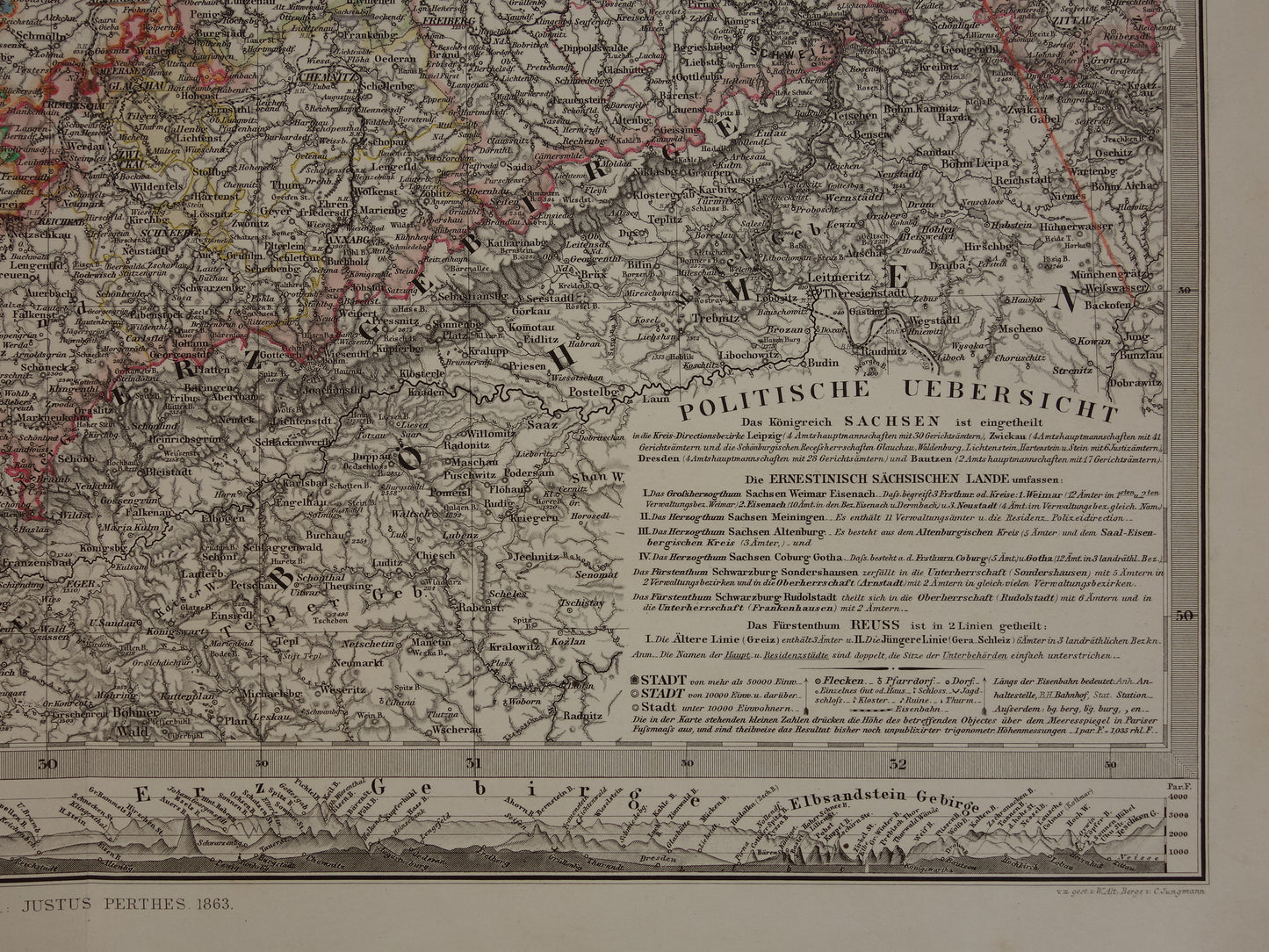 GERMANY Old map of the free state of Thuringia and Saxony 1863 original large antique map