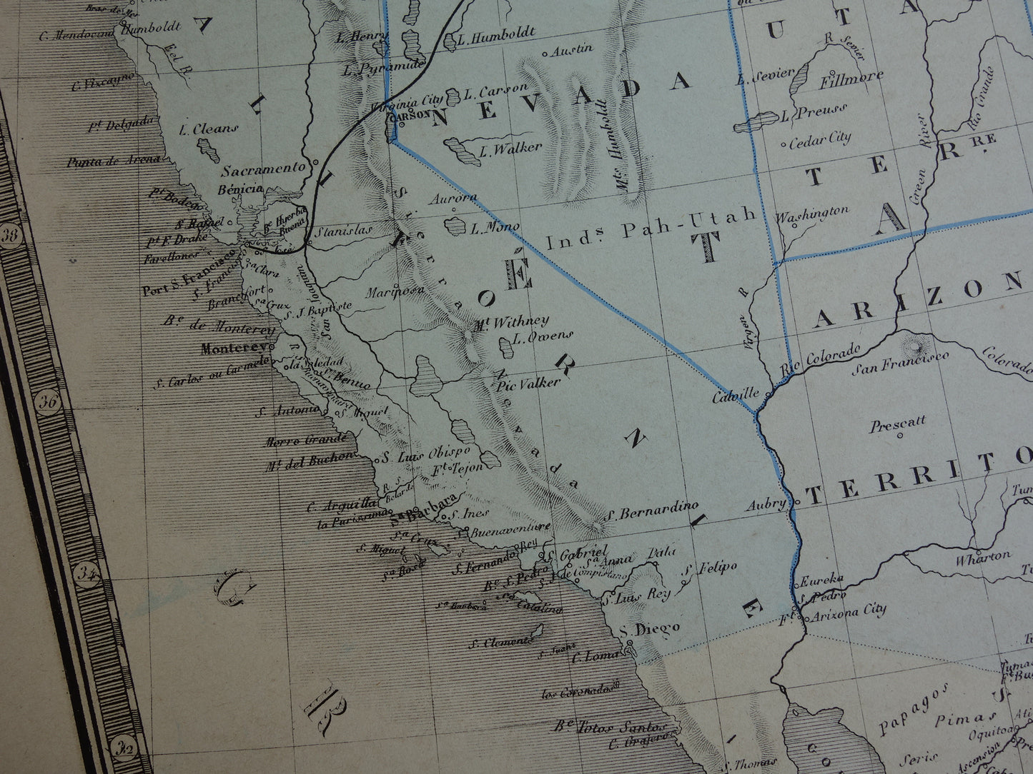 Mexico and United States old map from 1876 original antique map west coast USA California USA vintage historical maps