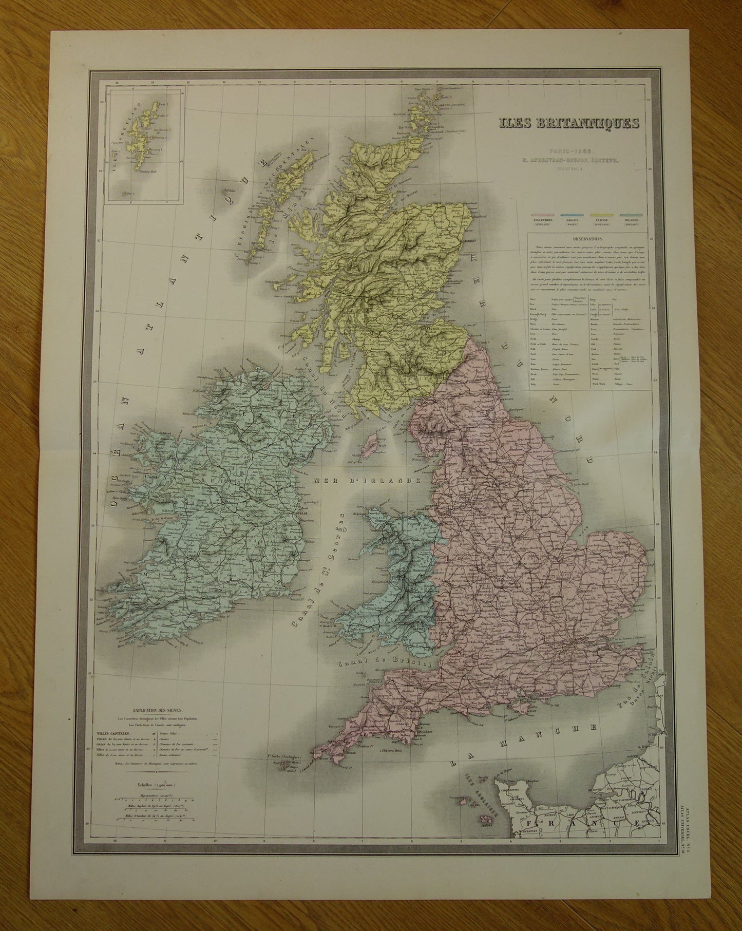Grote antieke kaart van GROOT BRITTANIË en IERLAND 130+ jaar oude Franse landkaart vintage poster met jaartal/datum