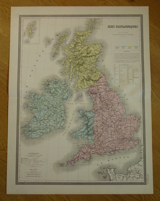 Grote antieke kaart van GROOT BRITTANIË en IERLAND 130+ jaar oude Franse landkaart vintage poster met jaartal/datum