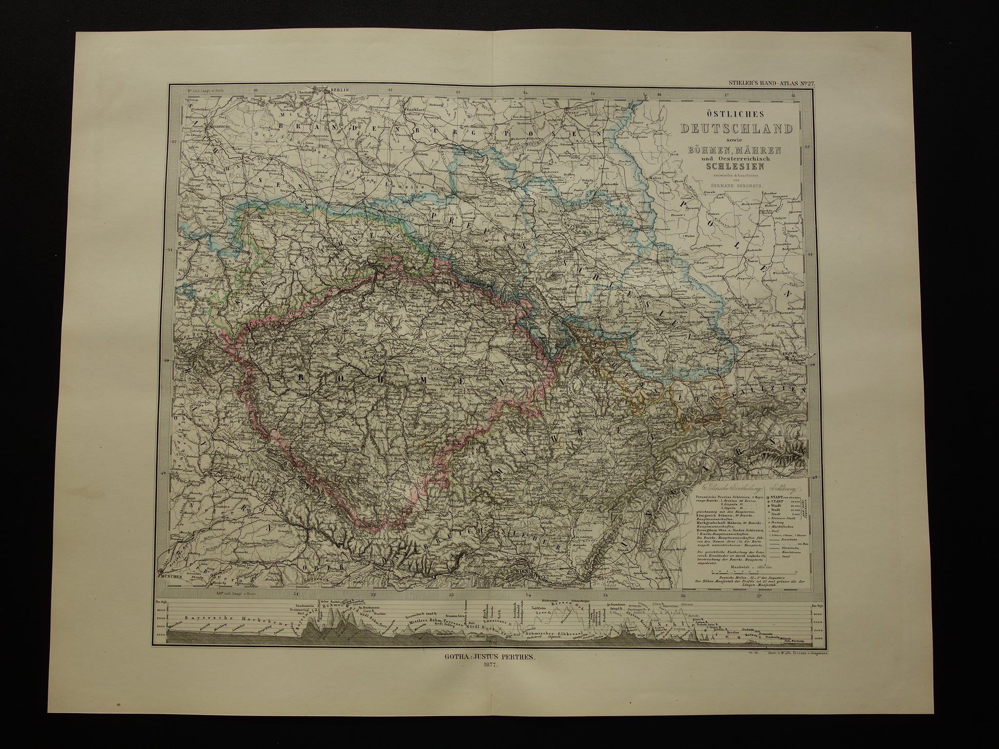 TSJECHIË oude kaart van Tsjechië Grote originele antieke landkaart van Bohemen en Moravië  in 1877