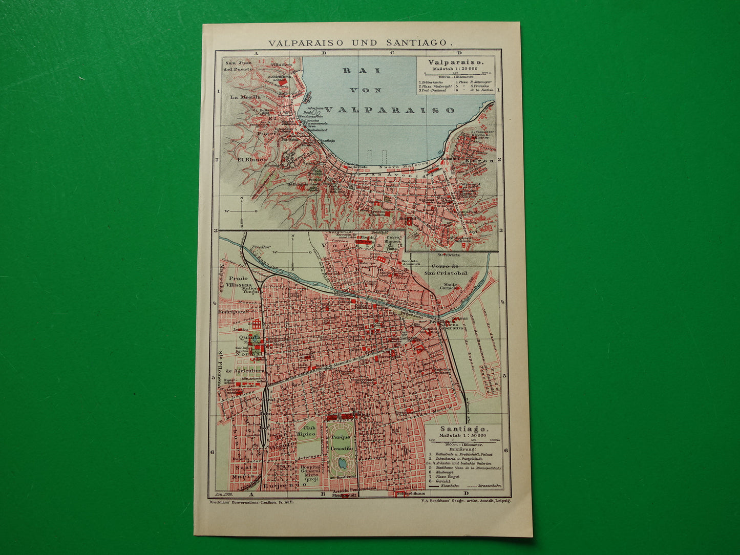 Valparaiso and Santiago Brazil old map plan from the year 1908 original antique maps