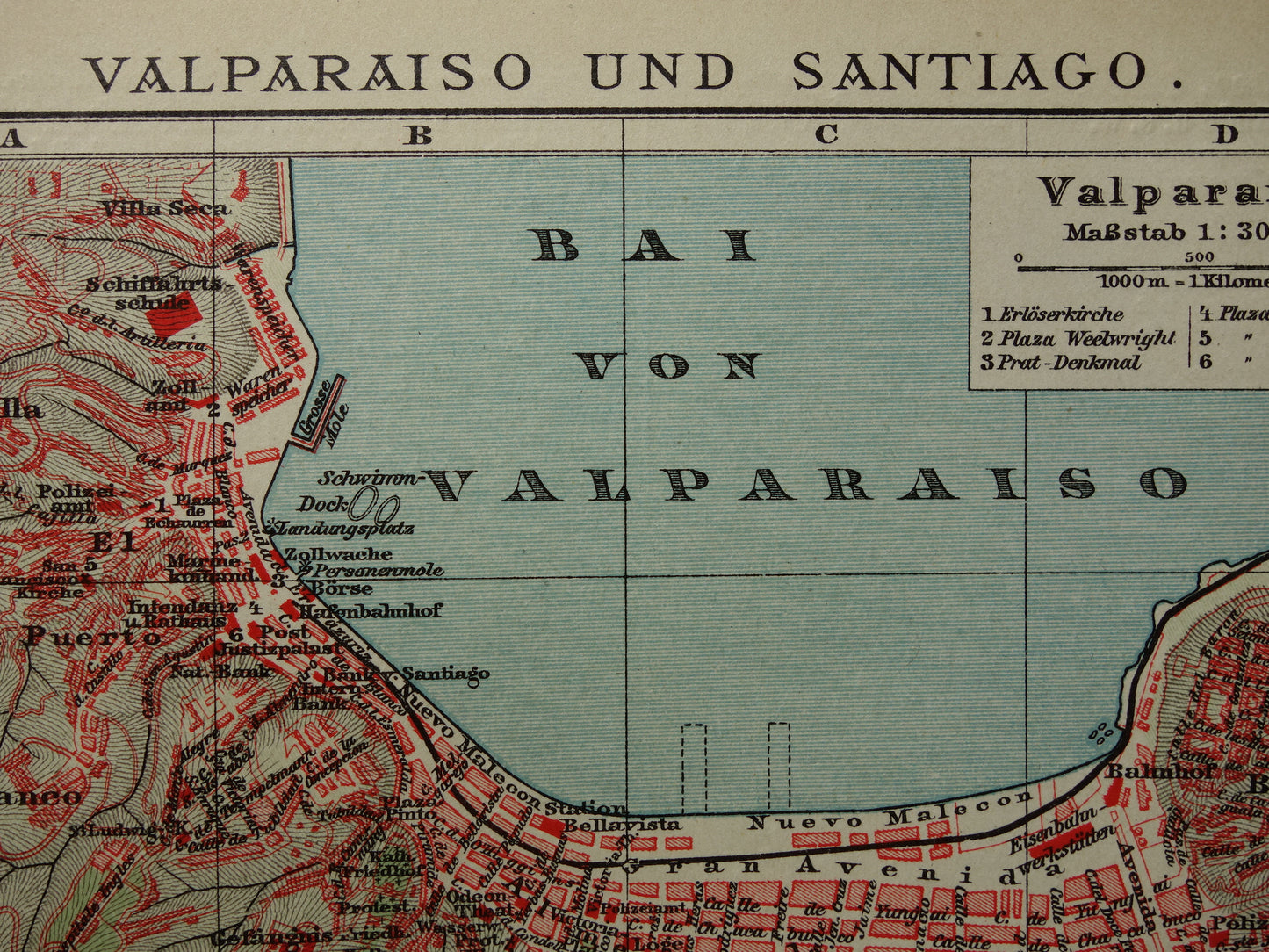 Valparaiso and Santiago Brazil old map plan from the year 1908 original antique maps