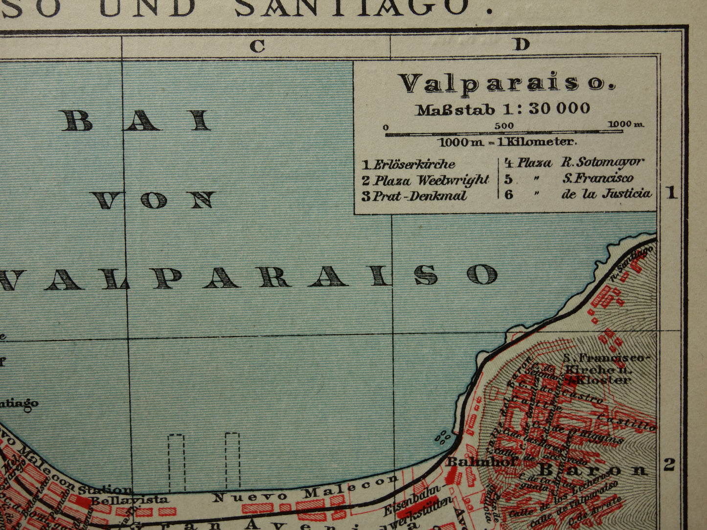 Valparaiso and Santiago Brazil old map plan from the year 1908 original antique maps