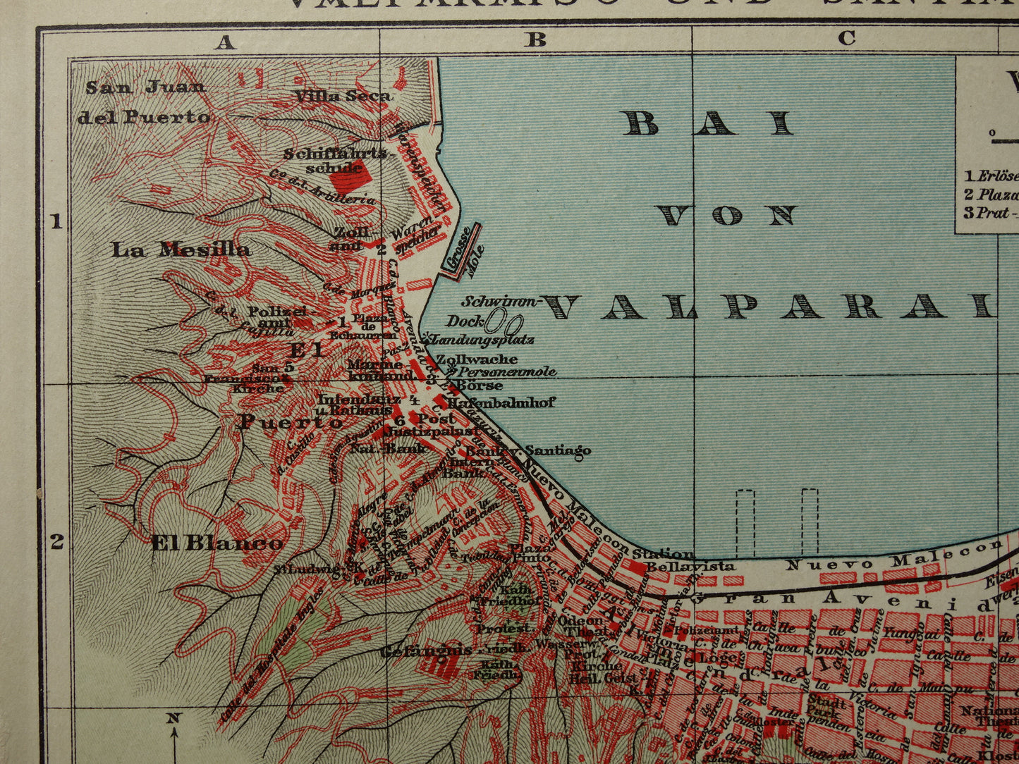 Valparaiso and Santiago Brazil old map plan from the year 1908 original antique maps